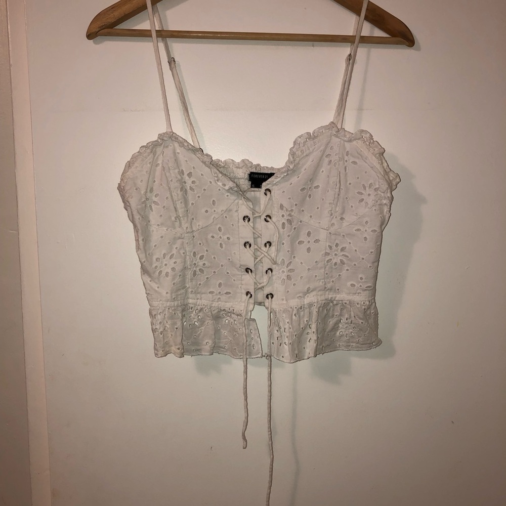 Forever 21 White Lace-Up Eyelet Crop Top